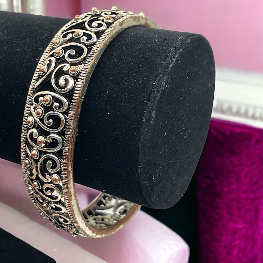 Silver-Tone Open Filigree Paisley Design 2 7/8 Inch Around Bangle Bracelet!